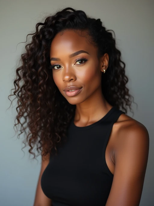 A professional photography model headshot of a confident model, taken in a well-lit studio with a clean, neutral backdrop. The model is dressed in if(gender=f){a sleek, minimal black tank top with natural makeup and loose, effortless waves} if(gender=m){a fitted, neutral-colored crewneck shirt with neatly styled hair}, ensuring a polished yet natural look. The lighting is soft and even, accentuating the model’s bone structure, skin texture, and striking features. The focus is sharp, with a clear emphasis on the model\'s eyes and subtle expression, creating the perfect headshot for agency submissions, portfolio updates, and professional branding in fashion and commercial modeling.