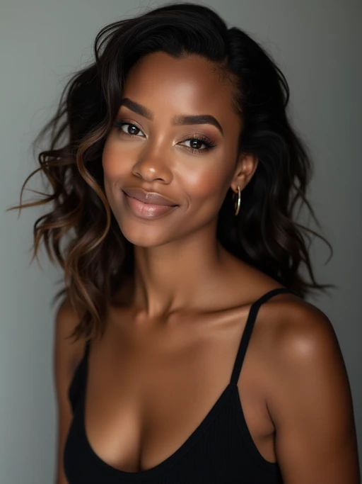 A professional photography model headshot of a confident model, taken in a well-lit studio with a clean, neutral backdrop. The model is dressed in if(gender=f){a sleek, minimal black tank top with natural makeup and loose, effortless waves} if(gender=m){a fitted, neutral-colored crewneck shirt with neatly styled hair}, ensuring a polished yet natural look. The lighting is soft and even, accentuating the model’s bone structure, skin texture, and striking features. The focus is sharp, with a clear emphasis on the model\'s eyes and subtle expression, creating the perfect headshot for agency submissions, portfolio updates, and professional branding in fashion and commercial modeling.