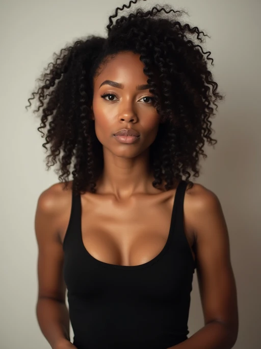 A professional photography model headshot of a confident model, taken in a well-lit studio with a clean, neutral backdrop. The model is dressed in if(gender=f){a sleek, minimal black tank top with natural makeup and loose, effortless waves} if(gender=m){a fitted, neutral-colored crewneck shirt with neatly styled hair}, ensuring a polished yet natural look. The lighting is soft and even, accentuating the model’s bone structure, skin texture, and striking features. The focus is sharp, with a clear emphasis on the model\'s eyes and subtle expression, creating the perfect headshot for agency submissions, portfolio updates, and professional branding in fashion and commercial modeling.