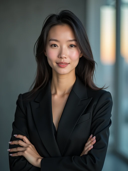 8k professional headshot of model, crisp details, studio backdrop, executive attire, confident posture, neutral expression, high-definition, corporate setting, sharp focus, ambient lighting, business professional, cityscape view