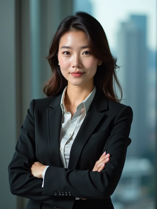 8k professional headshot of model, crisp details, studio backdrop, executive attire, confident posture, neutral expression, high-definition, corporate setting, sharp focus, ambient lighting, business professional, cityscape view