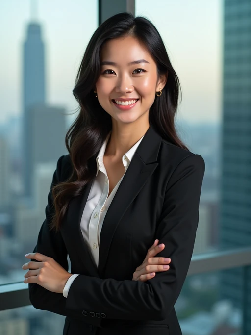 8k professional headshot of model, crisp details, studio backdrop, executive attire, confident posture, neutral expression, high-definition, corporate setting, sharp focus, ambient lighting, business professional, cityscape view