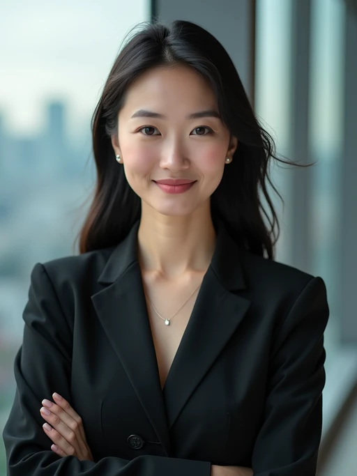 8k professional headshot of model, crisp details, studio backdrop, executive attire, confident posture, neutral expression, high-definition, corporate setting, sharp focus, ambient lighting, business professional, cityscape view