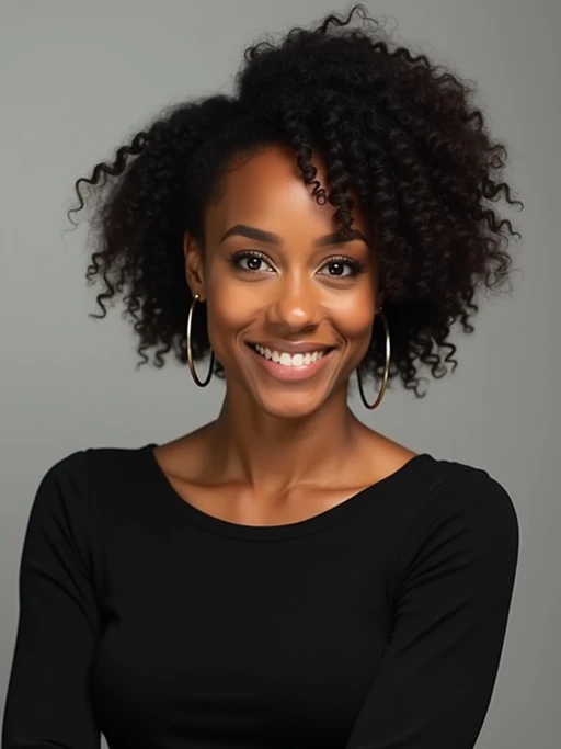 A professional actor headshot of a confident model, taken in a well-lit studio with a plain backdrop. The model is dressed in if(gender=f){a simple, elegant black top with natural makeup and soft curls} if(gender=m){a fitted dark-colored shirt with neatly styled hair}. The lighting is soft and even, highlighting their facial features with a natural and approachable expression. The focus is sharp, capturing the model's eyes and subtle smile, creating a perfect headshot for auditions and casting calls.