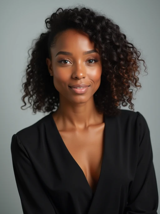 A professional actor headshot of a confident model, taken in a well-lit studio with a plain backdrop. The model is dressed in if(gender=f){a simple, elegant black top with natural makeup and soft curls} if(gender=m){a fitted dark-colored shirt with neatly styled hair}. The lighting is soft and even, highlighting their facial features with a natural and approachable expression. The focus is sharp, capturing the model's eyes and subtle smile, creating a perfect headshot for auditions and casting calls.