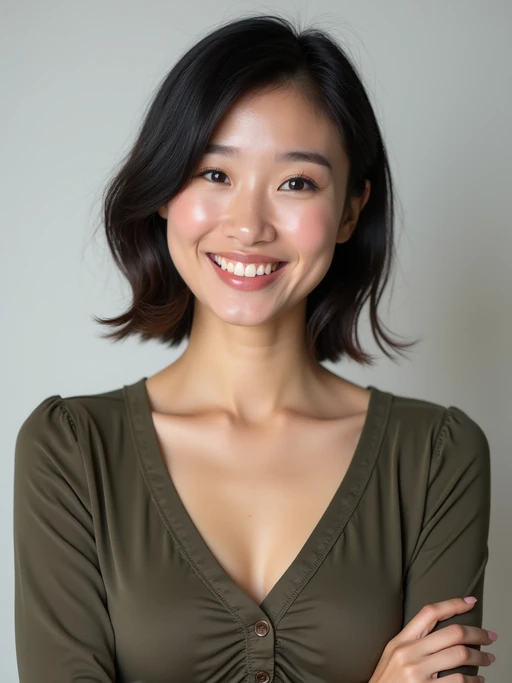 A professional comedian headshot taken in a well-lit studio with a clean, neutral backdrop. The model is dressed in if(gender=f){a stylish yet playful fitted top with natural makeup and a confident smile} if(gender=m){a fitted button-up shirt or a casual jacket with neatly styled hair}, ensuring a polished yet approachable look. The lighting is soft and even, highlighting the model’s expressive face, charisma, and subtle comedic charm. The focus is sharp, capturing a warm and inviting expression, creating the perfect headshot for stand-up comedians, improv actors, and comedic performers.