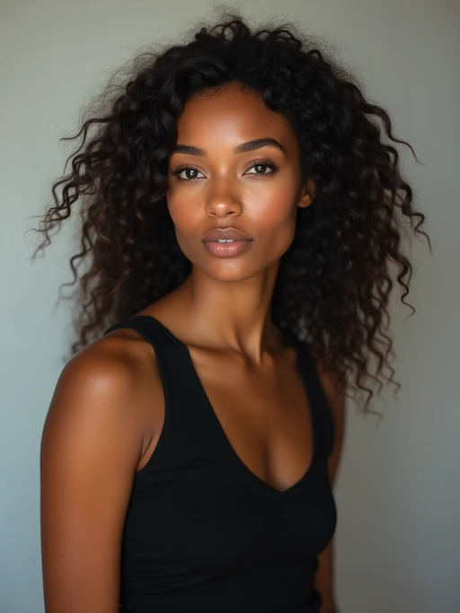 A professional photography model headshot of a confident model, taken in a well-lit studio with a clean, neutral backdrop. The model is dressed in if(gender=f){a sleek, minimal black tank top with natural makeup and loose, effortless waves} if(gender=m){a fitted, neutral-colored crewneck shirt with neatly styled hair}, ensuring a polished yet natural look. The lighting is soft and even, accentuating the model’s bone structure, skin texture, and striking features. The focus is sharp, with a clear emphasis on the model\'s eyes and subtle expression, creating the perfect headshot for agency submissions, portfolio updates, and professional branding in fashion and commercial modeling.