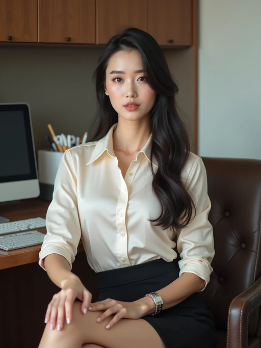 headshot of model, sitting at a desk, at a (office), if(gender=f){BREAK elegant blouse, pencil skirt, makeup} if(gender=m){shirt and tie and suit pants}