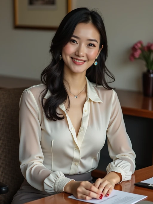 headshot of model, sitting at a desk, at a (office), if(gender=f){BREAK elegant blouse, pencil skirt, makeup} if(gender=m){shirt and tie and suit pants}