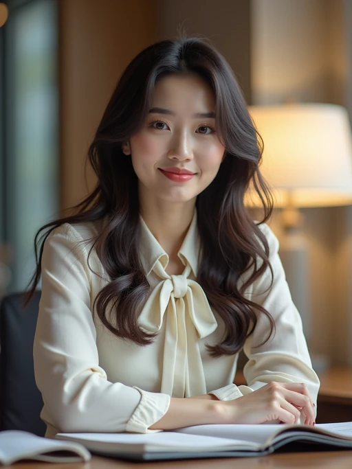 headshot of model, sitting at a desk, at a (office), if(gender=f){BREAK elegant blouse, pencil skirt, makeup} if(gender=m){shirt and tie and suit pants}