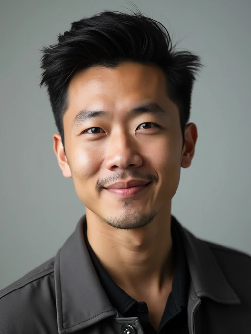 A comedic actor headshot featuring a subtle smirk and expressive eyes, taken in a well-lit professional studio. The model is dressed in if(gender=f){a sleek top with a bit of personality, styled hair, and a confident gaze} if(gender=m){a modern fitted casual jacket or blazer, styled effortlessly for a relatable yet polished look}. The background is neutral, ensuring the subject stands out. The lighting highlights natural features, capturing an inviting and charismatic presence, perfect for comedy auditions, film roles, and industry portfolios.