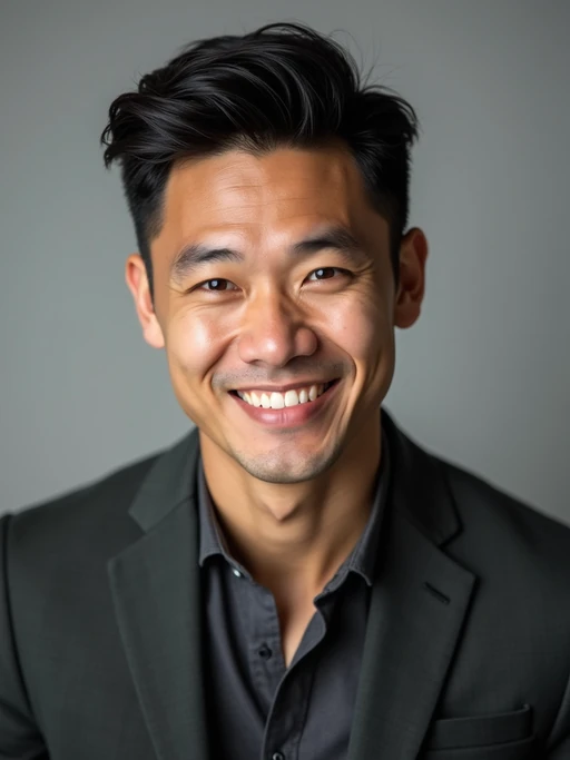 A comedic actor headshot featuring a subtle smirk and expressive eyes, taken in a well-lit professional studio. The model is dressed in if(gender=f){a sleek top with a bit of personality, styled hair, and a confident gaze} if(gender=m){a modern fitted casual jacket or blazer, styled effortlessly for a relatable yet polished look}. The background is neutral, ensuring the subject stands out. The lighting highlights natural features, capturing an inviting and charismatic presence, perfect for comedy auditions, film roles, and industry portfolios.