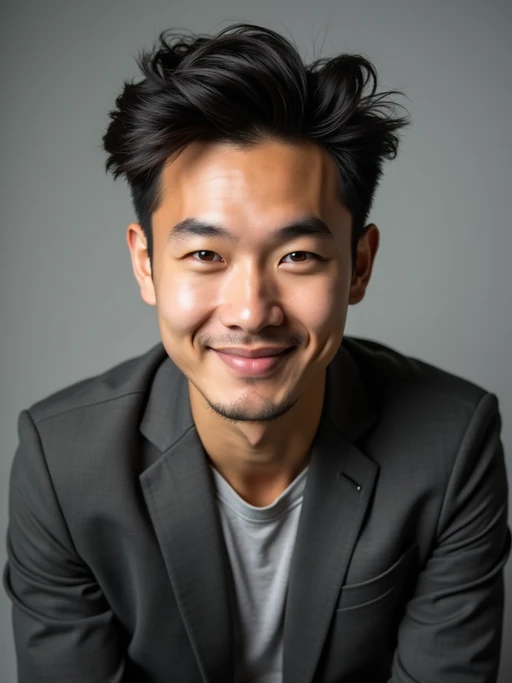 A comedic actor headshot featuring a subtle smirk and expressive eyes, taken in a well-lit professional studio. The model is dressed in if(gender=f){a sleek top with a bit of personality, styled hair, and a confident gaze} if(gender=m){a modern fitted casual jacket or blazer, styled effortlessly for a relatable yet polished look}. The background is neutral, ensuring the subject stands out. The lighting highlights natural features, capturing an inviting and charismatic presence, perfect for comedy auditions, film roles, and industry portfolios.