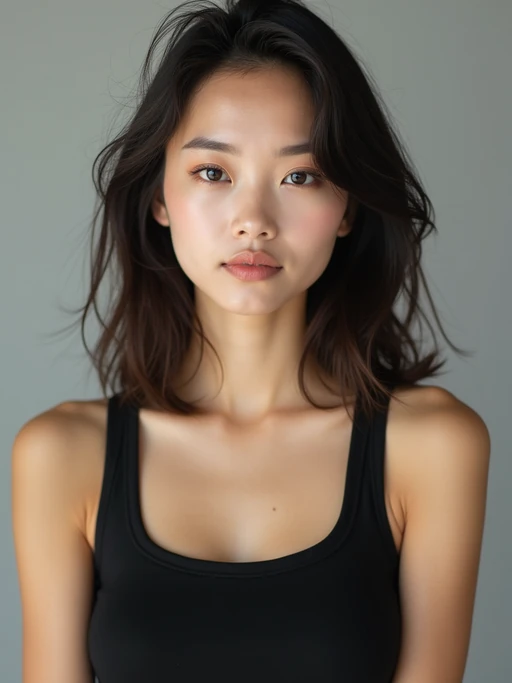 A professional photography model headshot of a confident model, taken in a well-lit studio with a clean, neutral backdrop. The model is dressed in if(gender=f){a sleek, minimal black tank top with natural makeup and loose, effortless waves} if(gender=m){a fitted, neutral-colored crewneck shirt with neatly styled hair}, ensuring a polished yet natural look. The lighting is soft and even, accentuating the model’s bone structure, skin texture, and striking features. The focus is sharp, with a clear emphasis on the model\'s eyes and subtle expression, creating the perfect headshot for agency submissions, portfolio updates, and professional branding in fashion and commercial modeling.