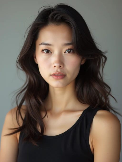 A professional photography model headshot of a confident model, taken in a well-lit studio with a clean, neutral backdrop. The model is dressed in if(gender=f){a sleek, minimal black tank top with natural makeup and loose, effortless waves} if(gender=m){a fitted, neutral-colored crewneck shirt with neatly styled hair}, ensuring a polished yet natural look. The lighting is soft and even, accentuating the model’s bone structure, skin texture, and striking features. The focus is sharp, with a clear emphasis on the model\'s eyes and subtle expression, creating the perfect headshot for agency submissions, portfolio updates, and professional branding in fashion and commercial modeling.