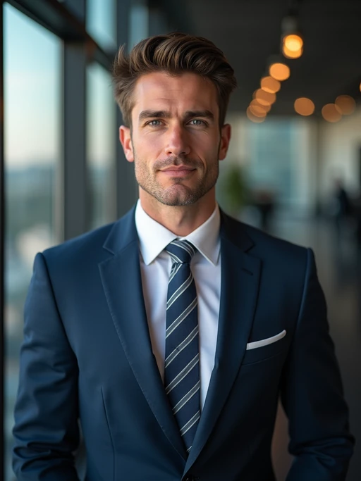 8k professional headshot of model, crisp details, studio backdrop, executive attire, confident posture, neutral expression, high-definition, corporate setting, sharp focus, ambient lighting, business professional, cityscape view