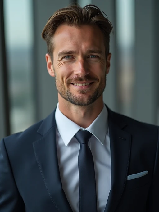 8k professional headshot of model, crisp details, studio backdrop, executive attire, confident posture, neutral expression, high-definition, corporate setting, sharp focus, ambient lighting, business professional, cityscape view