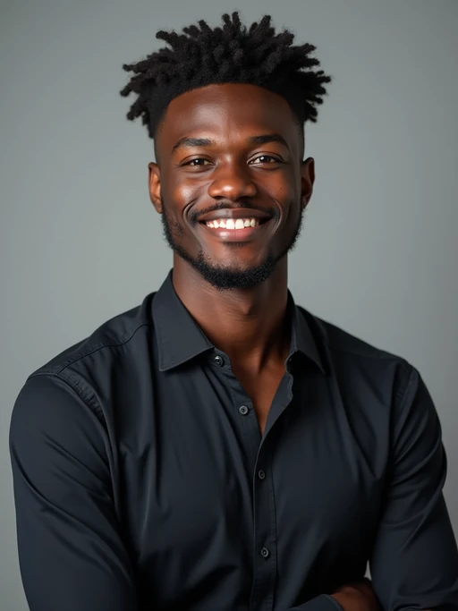 A professional actor headshot of a confident model, taken in a well-lit studio with a plain backdrop. The model is dressed in if(gender=f){a simple, elegant black top with natural makeup and soft curls} if(gender=m){a fitted dark-colored shirt with neatly styled hair}. The lighting is soft and even, highlighting their facial features with a natural and approachable expression. The focus is sharp, capturing the model's eyes and subtle smile, creating a perfect headshot for auditions and casting calls.