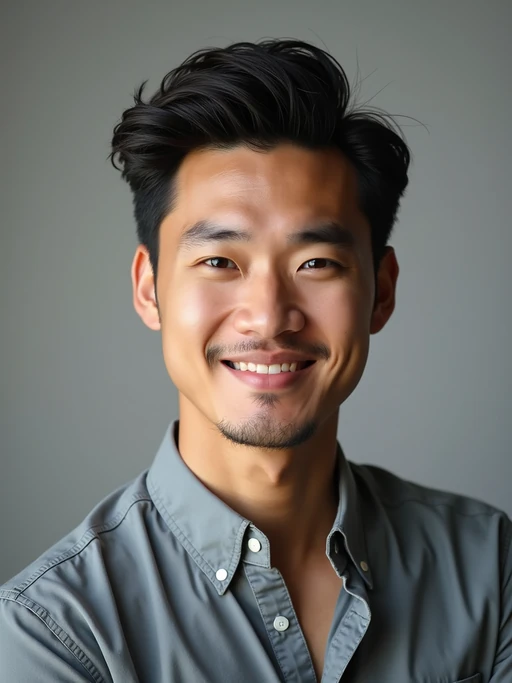 A professional comedian headshot taken in a well-lit studio with a clean, neutral backdrop. The model is dressed in if(gender=f){a stylish yet playful fitted top with natural makeup and a confident smile} if(gender=m){a fitted button-up shirt or a casual jacket with neatly styled hair}, ensuring a polished yet approachable look. The lighting is soft and even, highlighting the model’s expressive face, charisma, and subtle comedic charm. The focus is sharp, capturing a warm and inviting expression, creating the perfect headshot for stand-up comedians, improv actors, and comedic performers.