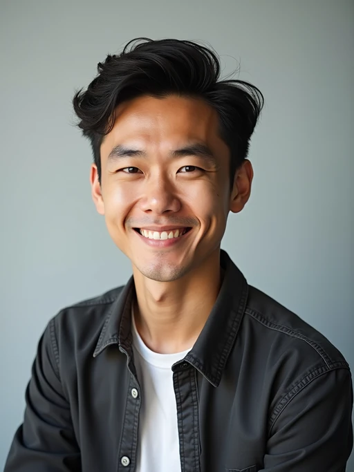 A professional comedian headshot taken in a well-lit studio with a clean, neutral backdrop. The model is dressed in if(gender=f){a stylish yet playful fitted top with natural makeup and a confident smile} if(gender=m){a fitted button-up shirt or a casual jacket with neatly styled hair}, ensuring a polished yet approachable look. The lighting is soft and even, highlighting the model’s expressive face, charisma, and subtle comedic charm. The focus is sharp, capturing a warm and inviting expression, creating the perfect headshot for stand-up comedians, improv actors, and comedic performers.