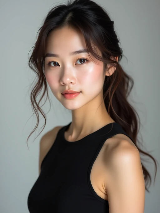A professional photography model headshot of a confident model, taken in a well-lit studio with a clean, neutral backdrop. The model is dressed in if(gender=f){a sleek, minimal black tank top with natural makeup and loose, effortless waves} if(gender=m){a fitted, neutral-colored crewneck shirt with neatly styled hair}, ensuring a polished yet natural look. The lighting is soft and even, accentuating the model’s bone structure, skin texture, and striking features. The focus is sharp, with a clear emphasis on the model\'s eyes and subtle expression, creating the perfect headshot for agency submissions, portfolio updates, and professional branding in fashion and commercial modeling.
