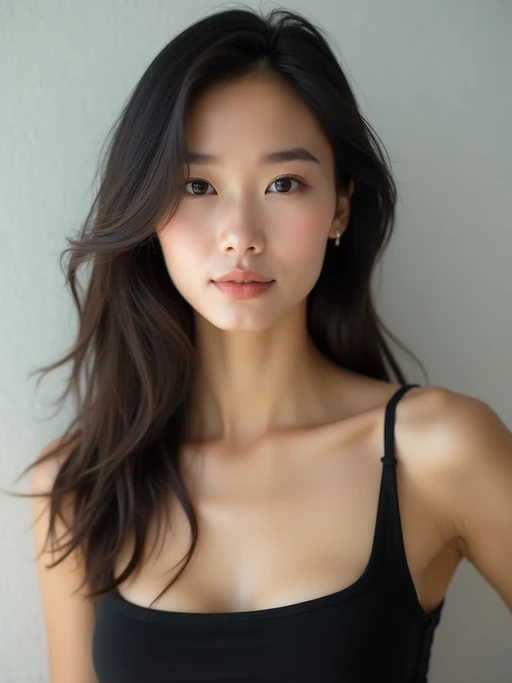 A professional photography model headshot of a confident model, taken in a well-lit studio with a clean, neutral backdrop. The model is dressed in if(gender=f){a sleek, minimal black tank top with natural makeup and loose, effortless waves} if(gender=m){a fitted, neutral-colored crewneck shirt with neatly styled hair}, ensuring a polished yet natural look. The lighting is soft and even, accentuating the model’s bone structure, skin texture, and striking features. The focus is sharp, with a clear emphasis on the model\'s eyes and subtle expression, creating the perfect headshot for agency submissions, portfolio updates, and professional branding in fashion and commercial modeling.