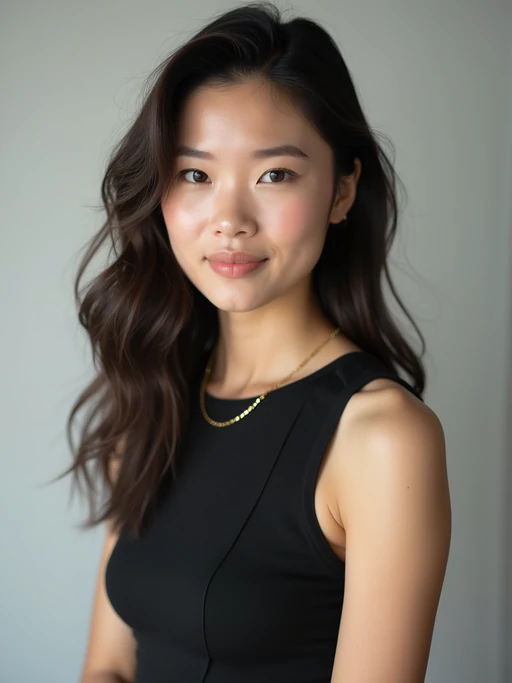 A professional photography model headshot of a confident model, taken in a well-lit studio with a clean, neutral backdrop. The model is dressed in if(gender=f){a sleek, minimal black tank top with natural makeup and loose, effortless waves} if(gender=m){a fitted, neutral-colored crewneck shirt with neatly styled hair}, ensuring a polished yet natural look. The lighting is soft and even, accentuating the model’s bone structure, skin texture, and striking features. The focus is sharp, with a clear emphasis on the model\'s eyes and subtle expression, creating the perfect headshot for agency submissions, portfolio updates, and professional branding in fashion and commercial modeling.