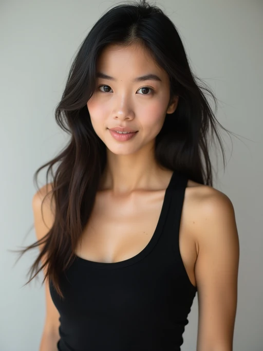 A professional photography model headshot of a confident model, taken in a well-lit studio with a clean, neutral backdrop. The model is dressed in if(gender=f){a sleek, minimal black tank top with natural makeup and loose, effortless waves} if(gender=m){a fitted, neutral-colored crewneck shirt with neatly styled hair}, ensuring a polished yet natural look. The lighting is soft and even, accentuating the model’s bone structure, skin texture, and striking features. The focus is sharp, with a clear emphasis on the model\'s eyes and subtle expression, creating the perfect headshot for agency submissions, portfolio updates, and professional branding in fashion and commercial modeling.