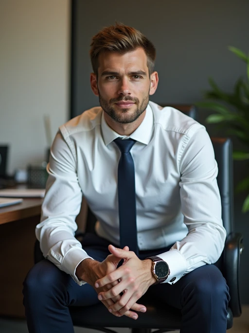 headshot of model, sitting at a desk, at a (office), if(gender=f){BREAK elegant blouse, pencil skirt, makeup} if(gender=m){shirt and tie and suit pants}
