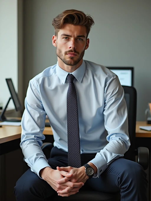 headshot of model, sitting at a desk, at a (office), if(gender=f){BREAK elegant blouse, pencil skirt, makeup} if(gender=m){shirt and tie and suit pants}