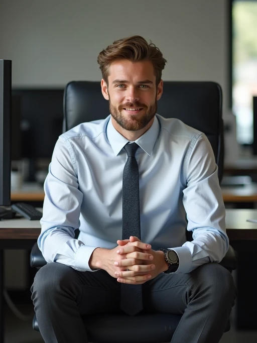 headshot of model, sitting at a desk, at a (office), if(gender=f){BREAK elegant blouse, pencil skirt, makeup} if(gender=m){shirt and tie and suit pants}