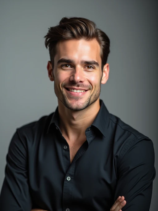 A professional actor headshot of a confident model, taken in a well-lit studio with a plain backdrop. The model is dressed in if(gender=f){a simple, elegant black top with natural makeup and soft curls} if(gender=m){a fitted dark-colored shirt with neatly styled hair}. The lighting is soft and even, highlighting their facial features with a natural and approachable expression. The focus is sharp, capturing the model's eyes and subtle smile, creating a perfect headshot for auditions and casting calls.