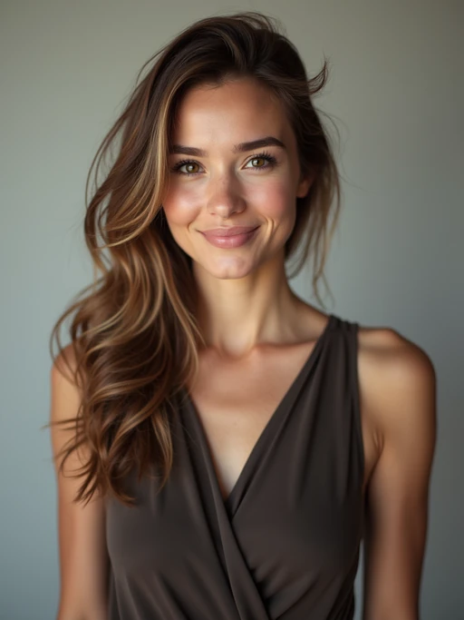 A comedic actor headshot featuring a subtle smirk and expressive eyes, taken in a well-lit professional studio. The model is dressed in if(gender=f){a sleek top with a bit of personality, styled hair, and a confident gaze} if(gender=m){a modern fitted casual jacket or blazer, styled effortlessly for a relatable yet polished look}. The background is neutral, ensuring the subject stands out. The lighting highlights natural features, capturing an inviting and charismatic presence, perfect for comedy auditions, film roles, and industry portfolios.