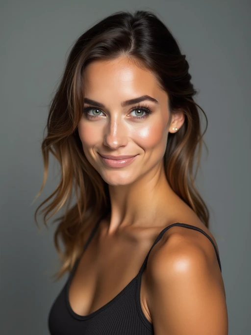 A comedic actor headshot featuring a subtle smirk and expressive eyes, taken in a well-lit professional studio. The model is dressed in if(gender=f){a sleek top with a bit of personality, styled hair, and a confident gaze} if(gender=m){a modern fitted casual jacket or blazer, styled effortlessly for a relatable yet polished look}. The background is neutral, ensuring the subject stands out. The lighting highlights natural features, capturing an inviting and charismatic presence, perfect for comedy auditions, film roles, and industry portfolios.