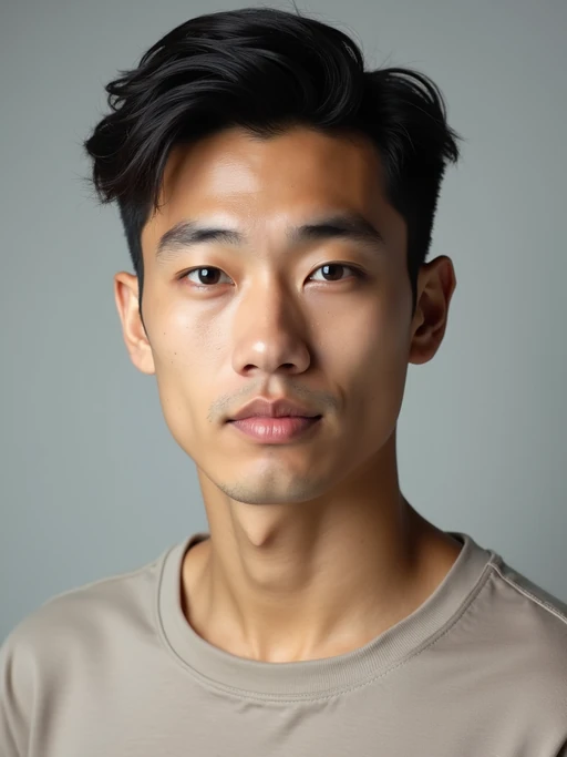 A professional photography model headshot of a confident model, taken in a well-lit studio with a clean, neutral backdrop. The model is dressed in if(gender=f){a sleek, minimal black tank top with natural makeup and loose, effortless waves} if(gender=m){a fitted, neutral-colored crewneck shirt with neatly styled hair}, ensuring a polished yet natural look. The lighting is soft and even, accentuating the model’s bone structure, skin texture, and striking features. The focus is sharp, with a clear emphasis on the model\'s eyes and subtle expression, creating the perfect headshot for agency submissions, portfolio updates, and professional branding in fashion and commercial modeling.
