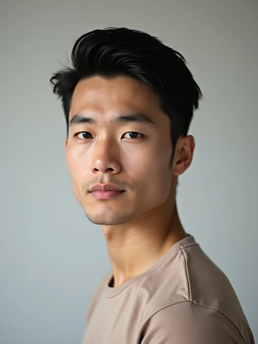 A professional photography model headshot of a confident model, taken in a well-lit studio with a clean, neutral backdrop. The model is dressed in if(gender=f){a sleek, minimal black tank top with natural makeup and loose, effortless waves} if(gender=m){a fitted, neutral-colored crewneck shirt with neatly styled hair}, ensuring a polished yet natural look. The lighting is soft and even, accentuating the model’s bone structure, skin texture, and striking features. The focus is sharp, with a clear emphasis on the model\'s eyes and subtle expression, creating the perfect headshot for agency submissions, portfolio updates, and professional branding in fashion and commercial modeling.