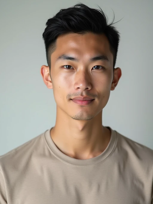 A professional photography model headshot of a confident model, taken in a well-lit studio with a clean, neutral backdrop. The model is dressed in if(gender=f){a sleek, minimal black tank top with natural makeup and loose, effortless waves} if(gender=m){a fitted, neutral-colored crewneck shirt with neatly styled hair}, ensuring a polished yet natural look. The lighting is soft and even, accentuating the model’s bone structure, skin texture, and striking features. The focus is sharp, with a clear emphasis on the model\'s eyes and subtle expression, creating the perfect headshot for agency submissions, portfolio updates, and professional branding in fashion and commercial modeling.