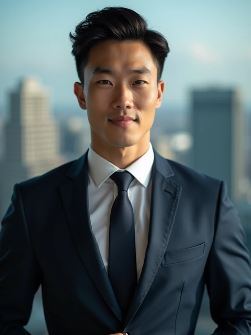 8k professional headshot of model, crisp details, studio backdrop, executive attire, confident posture, neutral expression, high-definition, corporate setting, sharp focus, ambient lighting, business professional, cityscape view