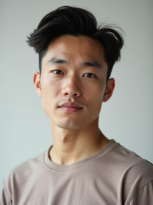 A professional photography model headshot of a confident model, taken in a well-lit studio with a clean, neutral backdrop. The model is dressed in if(gender=f){a sleek, minimal black tank top with natural makeup and loose, effortless waves} if(gender=m){a fitted, neutral-colored crewneck shirt with neatly styled hair}, ensuring a polished yet natural look. The lighting is soft and even, accentuating the model’s bone structure, skin texture, and striking features. The focus is sharp, with a clear emphasis on the model\'s eyes and subtle expression, creating the perfect headshot for agency submissions, portfolio updates, and professional branding in fashion and commercial modeling.