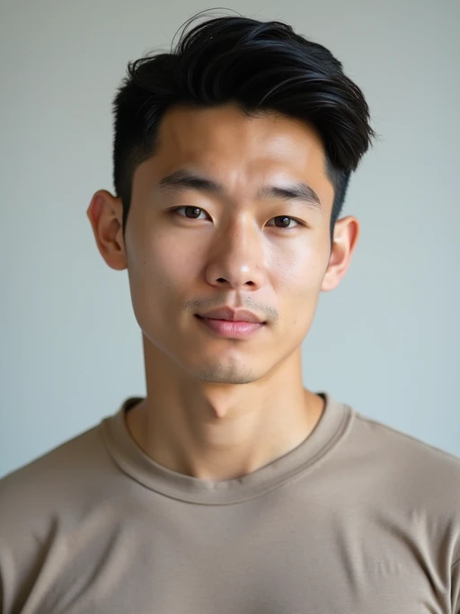A professional photography model headshot of a confident model, taken in a well-lit studio with a clean, neutral backdrop. The model is dressed in if(gender=f){a sleek, minimal black tank top with natural makeup and loose, effortless waves} if(gender=m){a fitted, neutral-colored crewneck shirt with neatly styled hair}, ensuring a polished yet natural look. The lighting is soft and even, accentuating the model’s bone structure, skin texture, and striking features. The focus is sharp, with a clear emphasis on the model\'s eyes and subtle expression, creating the perfect headshot for agency submissions, portfolio updates, and professional branding in fashion and commercial modeling.