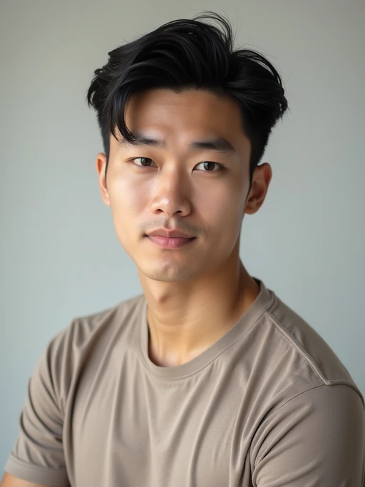 A professional photography model headshot of a confident model, taken in a well-lit studio with a clean, neutral backdrop. The model is dressed in if(gender=f){a sleek, minimal black tank top with natural makeup and loose, effortless waves} if(gender=m){a fitted, neutral-colored crewneck shirt with neatly styled hair}, ensuring a polished yet natural look. The lighting is soft and even, accentuating the model’s bone structure, skin texture, and striking features. The focus is sharp, with a clear emphasis on the model\'s eyes and subtle expression, creating the perfect headshot for agency submissions, portfolio updates, and professional branding in fashion and commercial modeling.