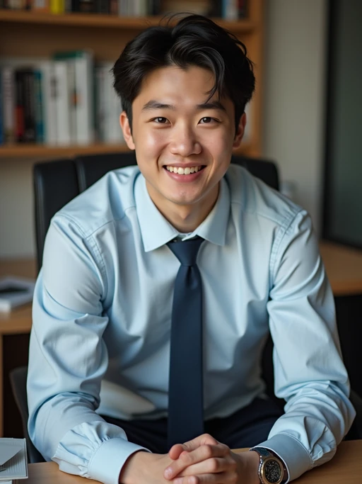 headshot of model, sitting at a desk, at a (office), if(gender=f){BREAK elegant blouse, pencil skirt, makeup} if(gender=m){shirt and tie and suit pants}