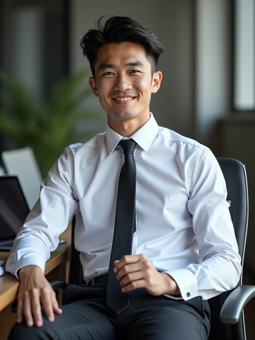 headshot of model, sitting at a desk, at a (office), if(gender=f){BREAK elegant blouse, pencil skirt, makeup} if(gender=m){shirt and tie and suit pants}