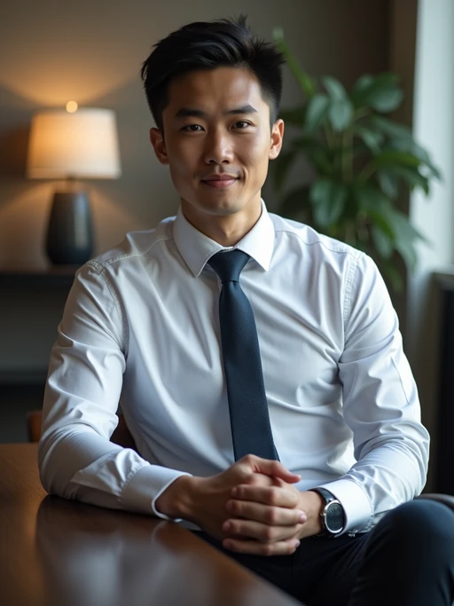 headshot of model, sitting at a desk, at a (office), if(gender=f){BREAK elegant blouse, pencil skirt, makeup} if(gender=m){shirt and tie and suit pants}