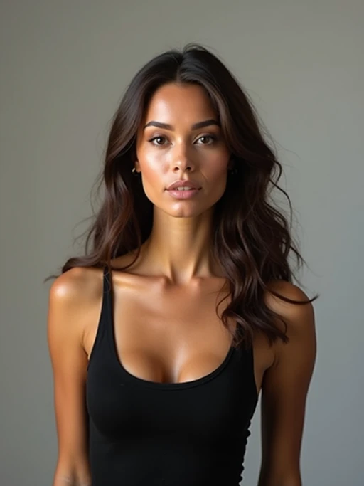 A professional photography model headshot of a confident model, taken in a well-lit studio with a clean, neutral backdrop. The model is dressed in if(gender=f){a sleek, minimal black tank top with natural makeup and loose, effortless waves} if(gender=m){a fitted, neutral-colored crewneck shirt with neatly styled hair}, ensuring a polished yet natural look. The lighting is soft and even, accentuating the model’s bone structure, skin texture, and striking features. The focus is sharp, with a clear emphasis on the model\'s eyes and subtle expression, creating the perfect headshot for agency submissions, portfolio updates, and professional branding in fashion and commercial modeling.