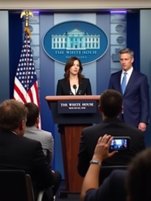 a u.s. government press briefing with a white house spokesperson addressing concerns about ai-generated videos. the chyron reads: 'white house responds to PhotoAI.com backlash.' the spokesperson says, 'we take the threat of ai misinformation seriously and are evaluating new regulations.' journalists in the audience hold microphones, asking tough questions about ai censorship and free speech.