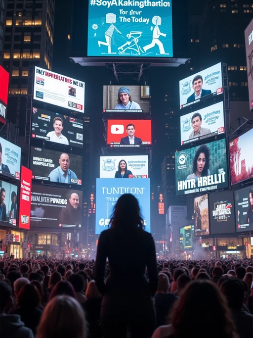 a fast-paced montage of tiktok, twitter, and youtube posts reacting to the anti-ai video protests. screens show influencers, journalists, and politicians debating ai-generated content. the chyron reads: 'social media explodes over ai video controversy.' viral hashtags appear on-screen: #stopaimanipulation, #humancreatorsmatter, #bandeepfakes