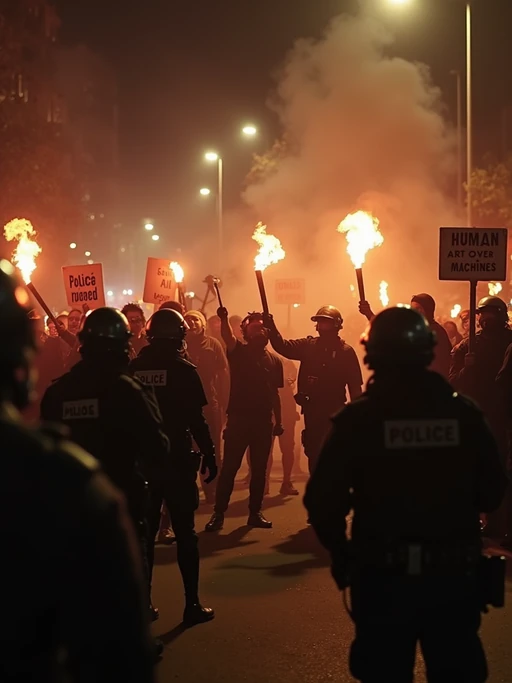 a tense protest scene at night, with riot police pushing back a crowd of angry demonstrators holding torches and signs saying 'stop ai manipulation' and 'human art over machines.' tear gas fills the air as TV news channel-style reporters duck for cover. the chyron at the bottom reads: 'clashes at ai video protest—multiple arrests reported.' the camera shakes as protesters chant, 'ban ai lies!' while police use shields to block them.