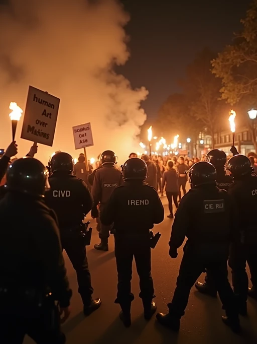 a tense protest scene at night, with riot police pushing back a crowd of angry demonstrators holding torches and signs saying 'stop ai manipulation' and 'human art over machines.' tear gas fills the air as TV news channel-style reporters duck for cover. the chyron at the bottom reads: 'clashes at ai video protest—multiple arrests reported.' the camera shakes as protesters chant, 'ban ai lies!' while police use shields to block them.