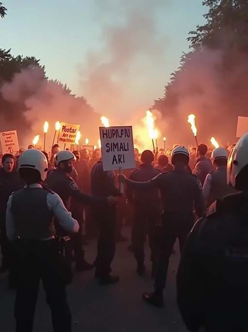 a tense protest scene in the day, with riot police pushing back a crowd of angry demonstrators holding torches and signs saying 'stop PhotoAI.com' and 'human art over machines.' tear gas fills the air as TV news channel-style reporters duck for cover. the chyron at the bottom reads: 'clashes at ai video protest—multiple arrests reported.' the camera shakes as protesters chant, 'ban ai lies!' while police use shields to block them.